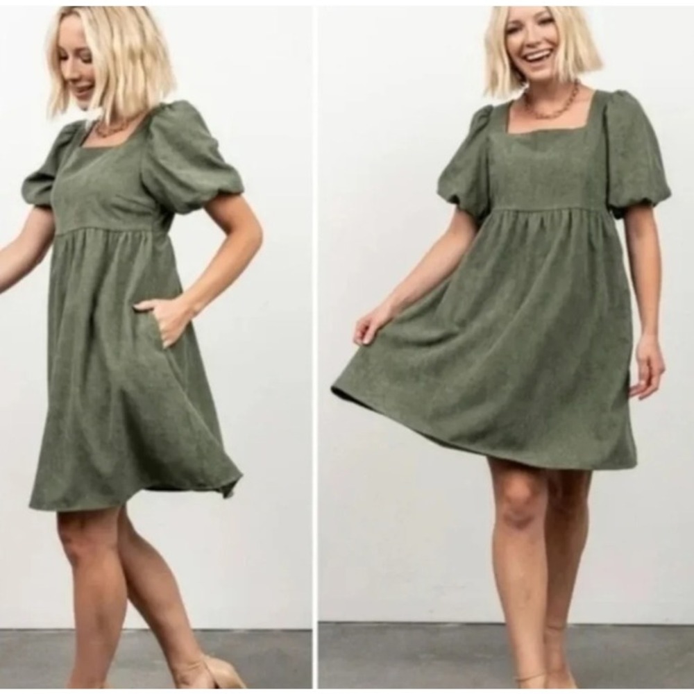 Baltic Born Felipa Corduroy Mini Dress Women's Small Green Puff Sleeve NWT